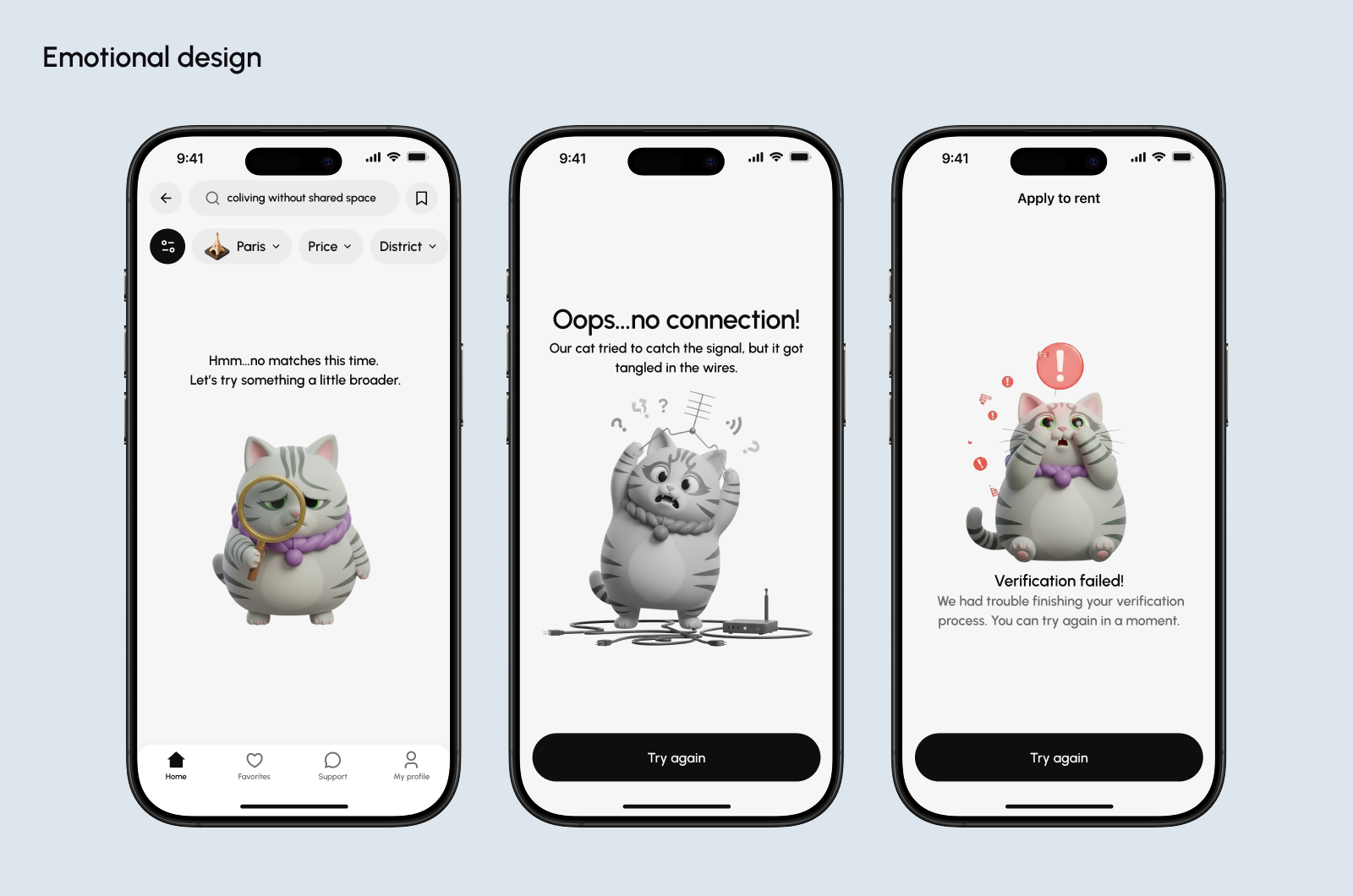 Emotional design: mascot states for empty results, no connection and failed verification