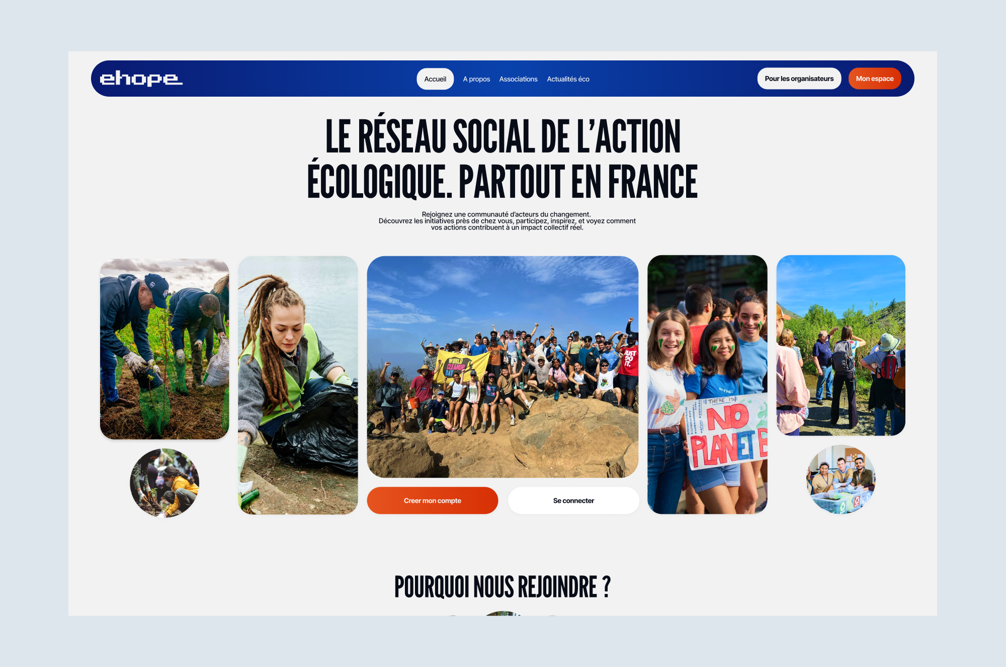Ehope landing page — the social network for ecological action across France.