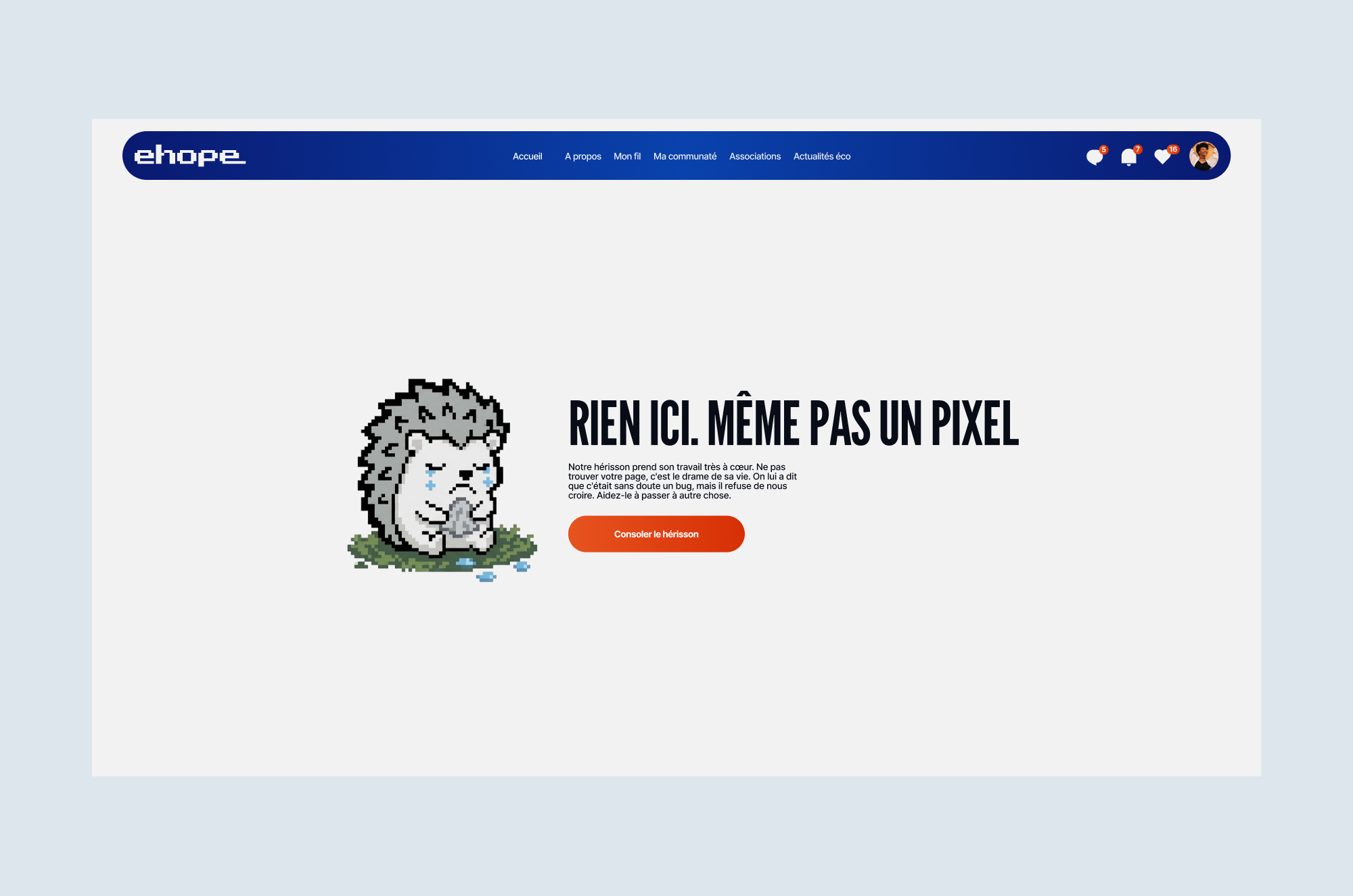 The 404 page — even a dead end becomes a moment of warmth.