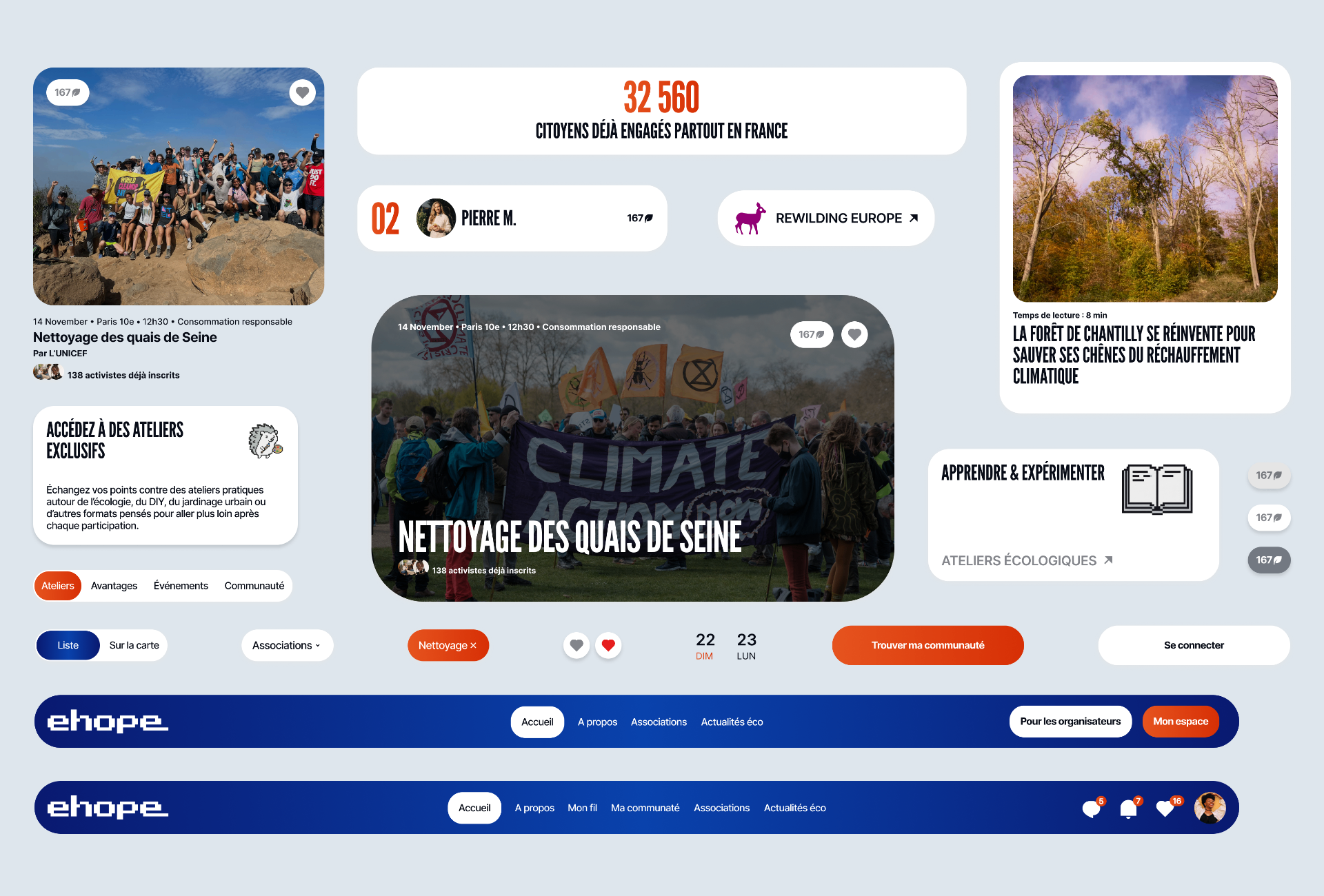 The Ehope UI kit — cards, badges, filters, buttons and the two navigation bars.